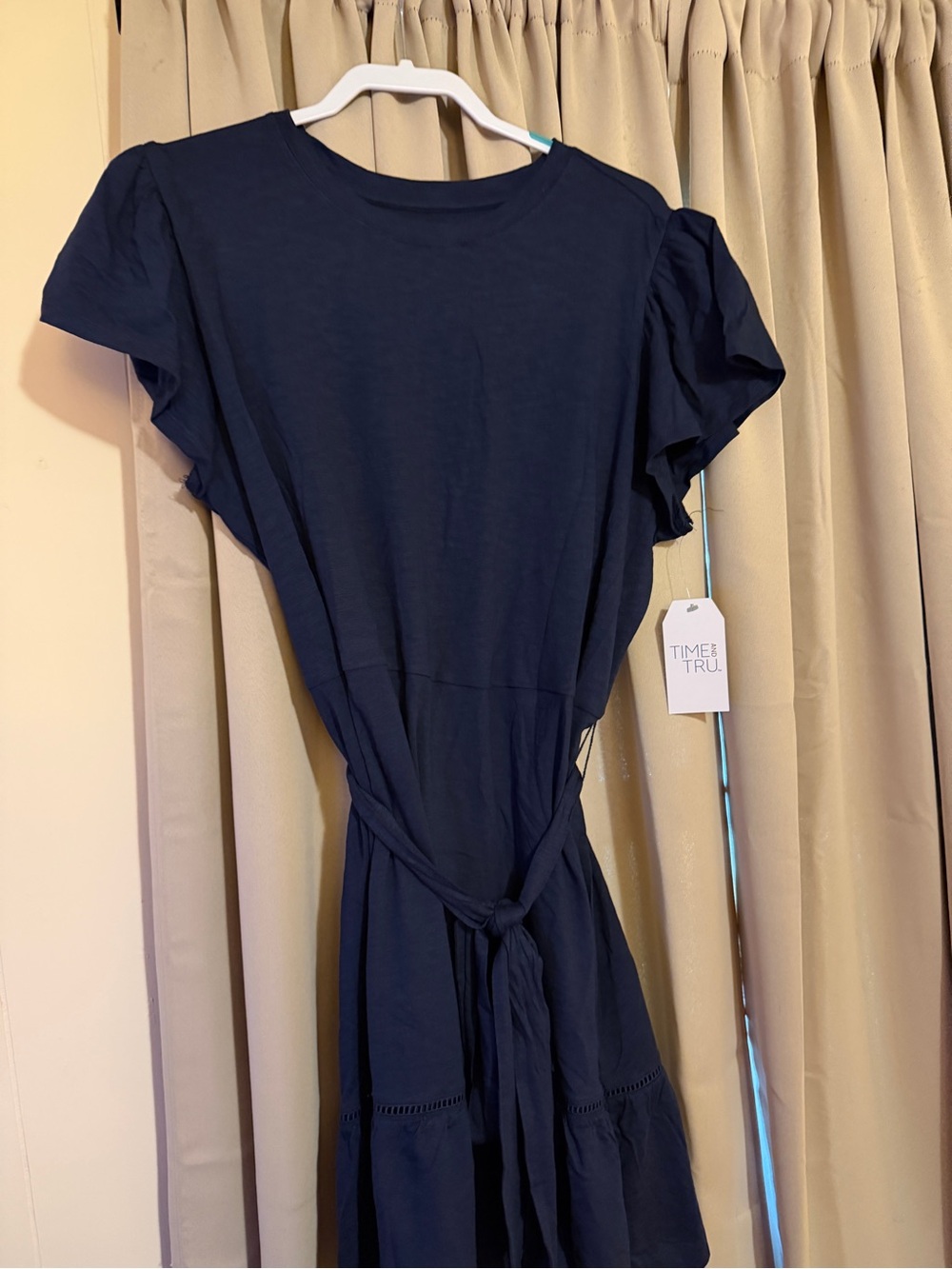Time & Tru Women's Belted Mini Dress with Flutter Sleeves